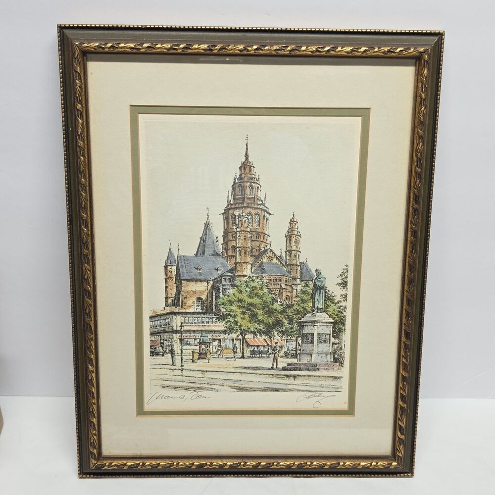 Vintage Mainz Dom Cathedral Germany Etching Watercolor Art Print Signed